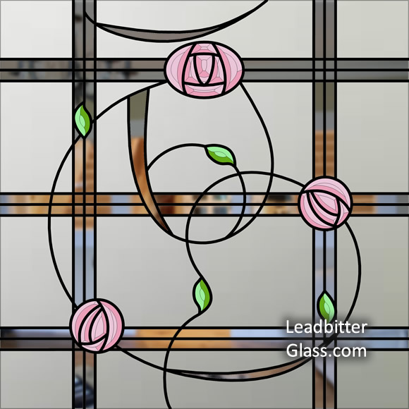 Sandblasted, bevelled and coloured Mackintosh window