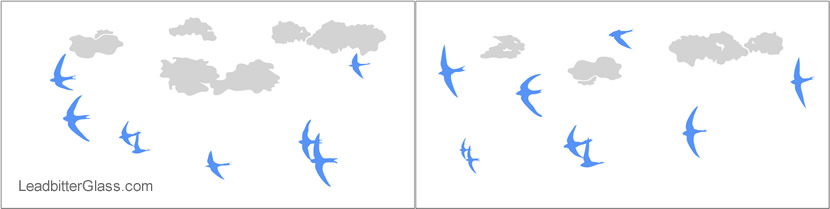 Etched and coloured Swallows and clouds