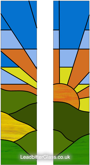 Stained glass landscape sun
