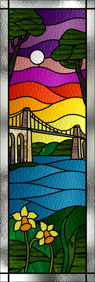 Stained Glass Window depicting the Menai Bridge at night.
