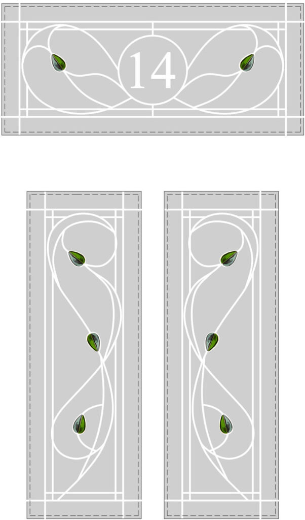 Mackintosh etched and fused glass split glazed door with fanlight featuring house number 14