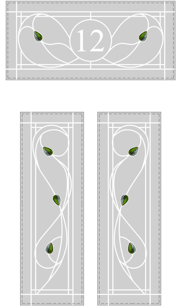 Rennie Mackintosh etched and fused glass split glazed door with fanlight featuring house number 12