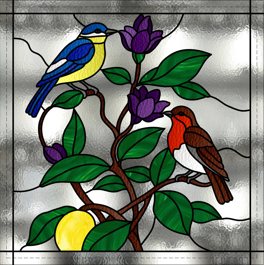 Stained Glass Blue Tit Robin birds On Lemon tree