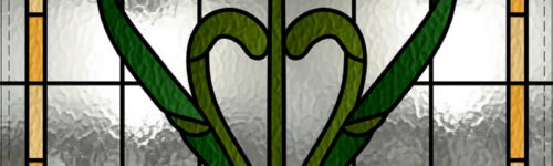 Reproduction stained glass door featuring pink tulip and green leaves. Accompanied by a yellow border