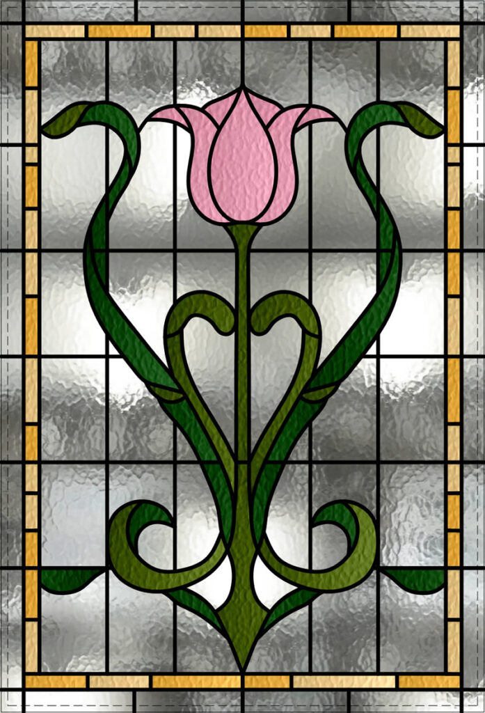 Reproduction stained glass door featuring pink tulip and green leaves. Accompanied by a yellow border